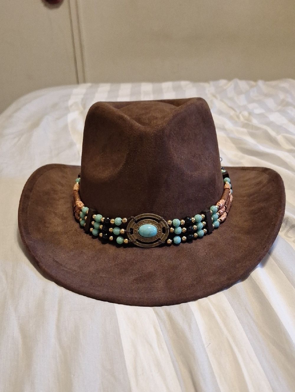 Women’s Brown Suede Western Hat with Turquoise Bead Band